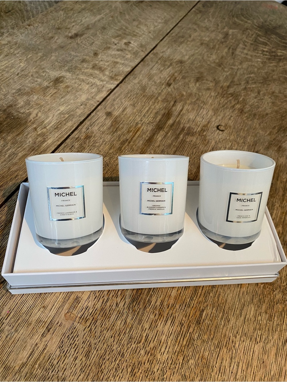 MICHEL White Glass Candle Trio — Elegant Scented Set